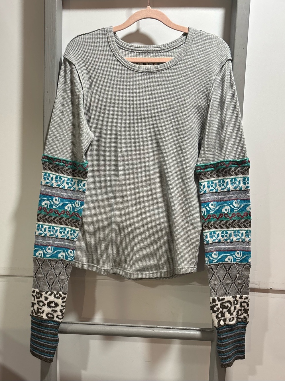 We The Free Gray Thermal Top patchwork sleeves, distressed, Henley, waffle, knit